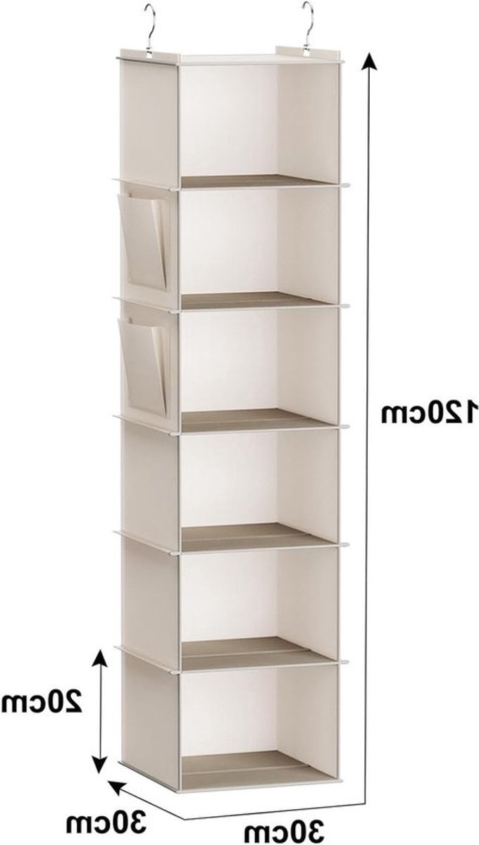 Hangende garderobe-organizer met 6 planken en zijvakken, beige opbergoplossing voor kleding en accessoires