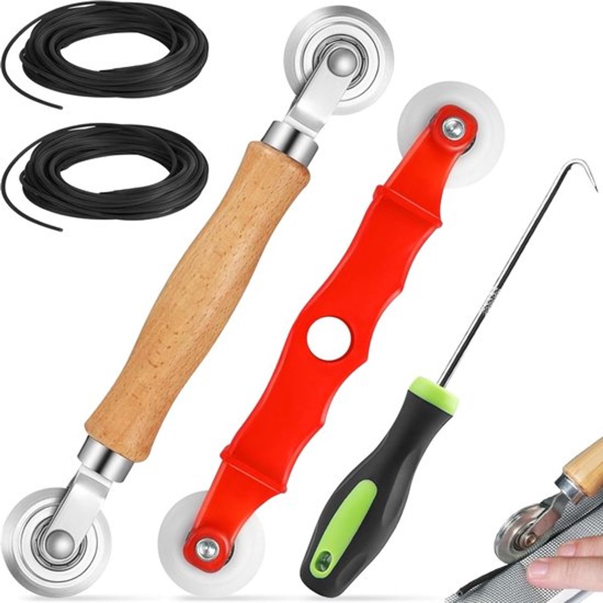 Hordeur Reparatieset met Houten Handvat en 20 m Rubber Piping Tape voor Insectenbescherming en Ramen