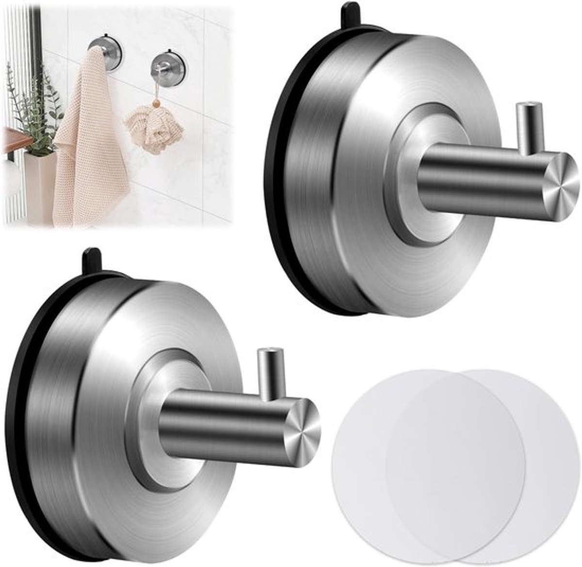 Set van 2 Zuignap Haken, Sterke Vacuum Bevestiging, Herbruikbaar, Tot 5 kg, Ideaal voor Badkamer en Keuken, Rvs Towel Haken, Muur Haken, Geen Boren Nodig