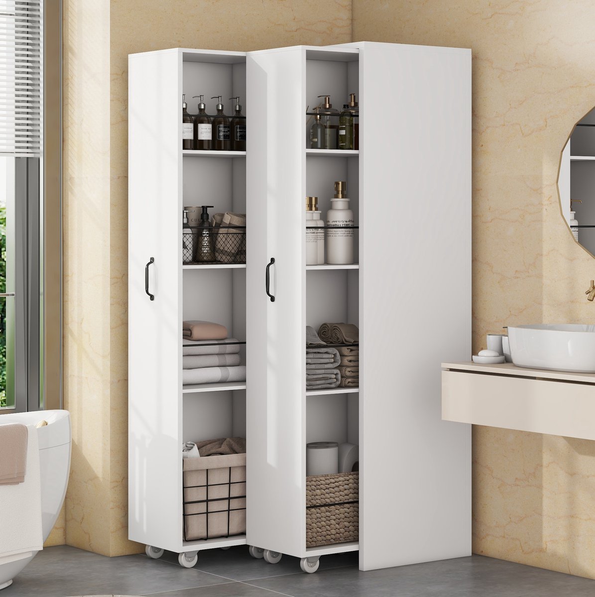 MODENUIT Boekenkast - Uitschuifbaar Met Wielen - Voor Badkamer Keuken Of Woonkamer - MDF Wit - 51,5x41x158 Cm