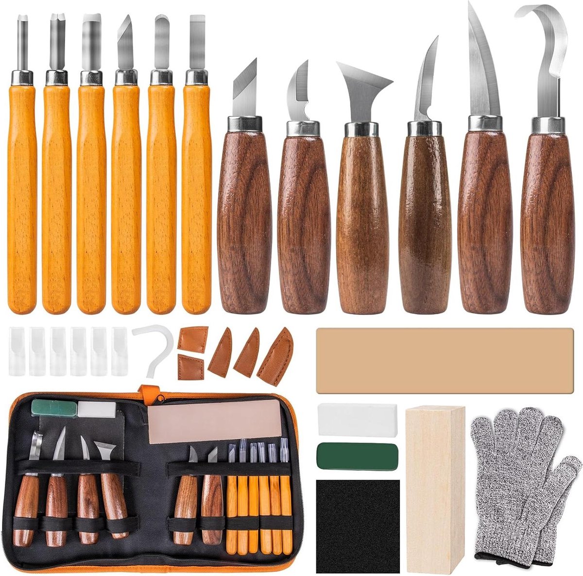 Houtsnijgereedschap set - Snijset - Hout bewerken - 19-delig - Walnoothouten handvatten - Natuurlijk hout