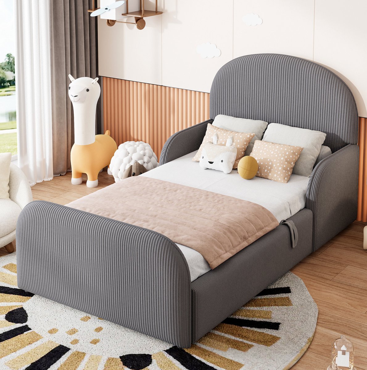 COVREO Bed 90x200 cm grijs, stof met hydraulische opbergruimte