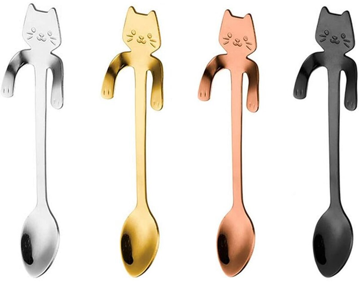 Creatieve dessertlepel 4-delige set: Roestvrijstalen espressolepel in kattenpootvorm / Dessertlepel in cartoonkatvorm