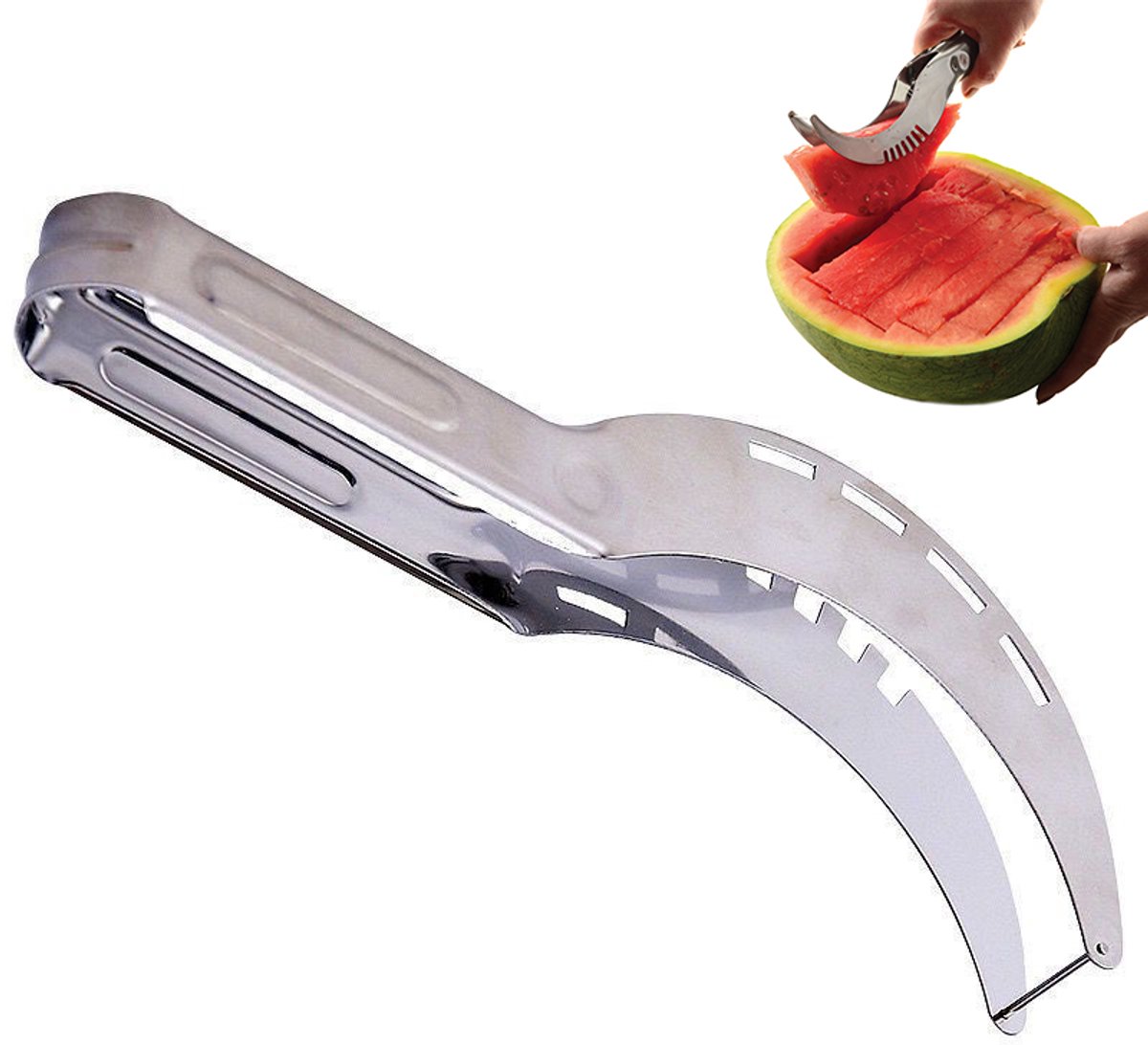Watermeloensnijder van roestvrij staal - Fruitsnijder - Fruitmes - Snijmes - Watermeloensnijder - Watermeloenblokjessnijder - Verdeelmes - Bladlengte 10,5 cm - Geschikt voor keukenbarbecues, kamperen, fruitbereiding op feestjes - Zilver