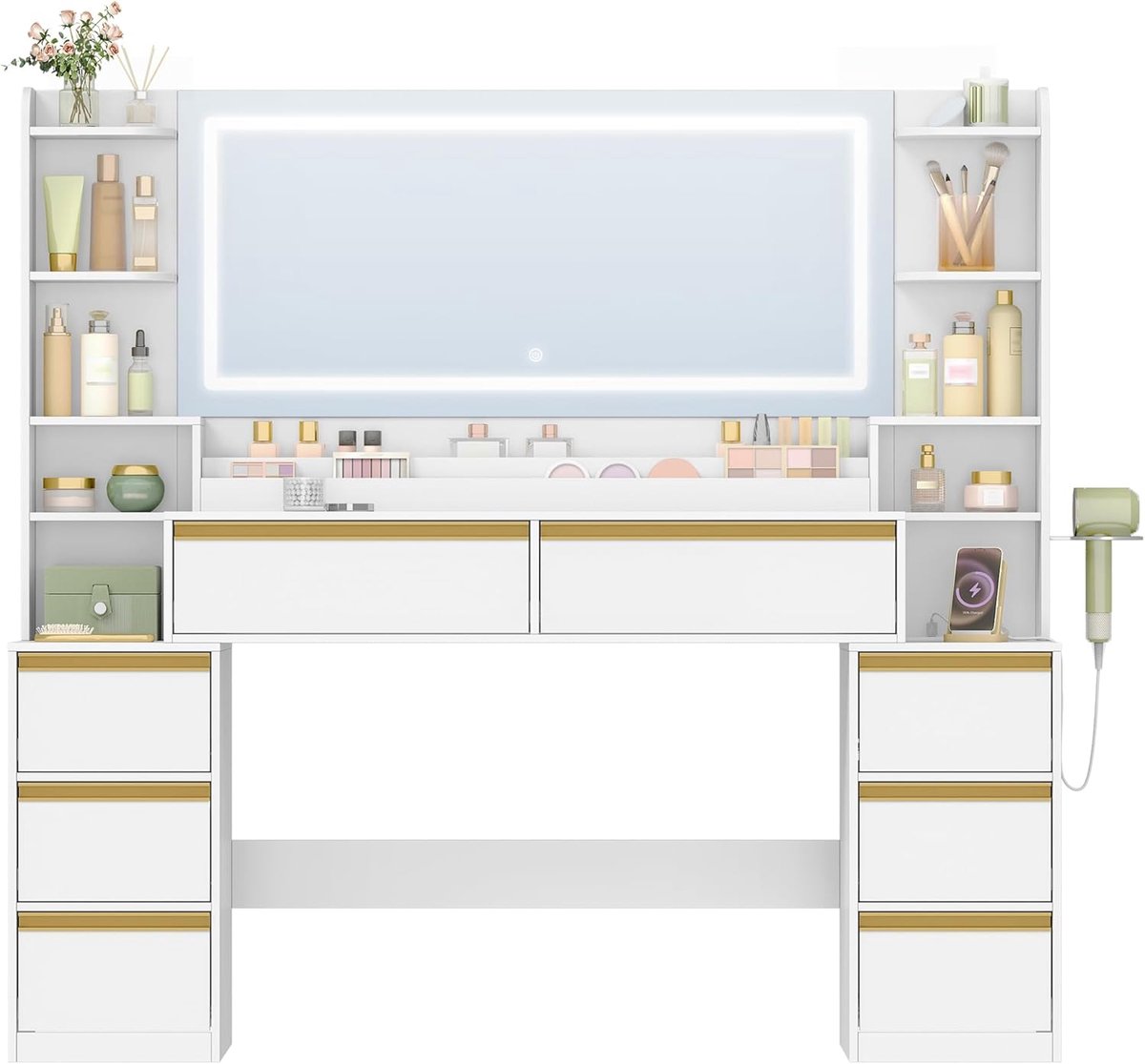 Hzuaneri kaptafel met grote spiegel, 149cm, modern wit-gouden ontwerp