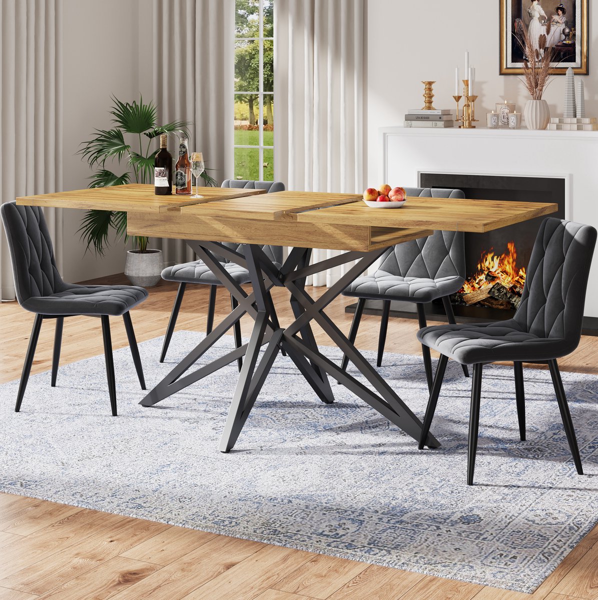 COVREO Eettafelset 160x80x66 cm walnoot, 4 stoelen, MDF en metaal