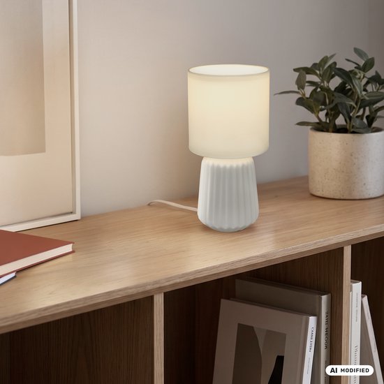 BRILONER Dora - Tafellamp slaapkamer - met stoffen kap & keramiek voet - bedlamp - tafellampje - Ø13cm x 27cm - wit