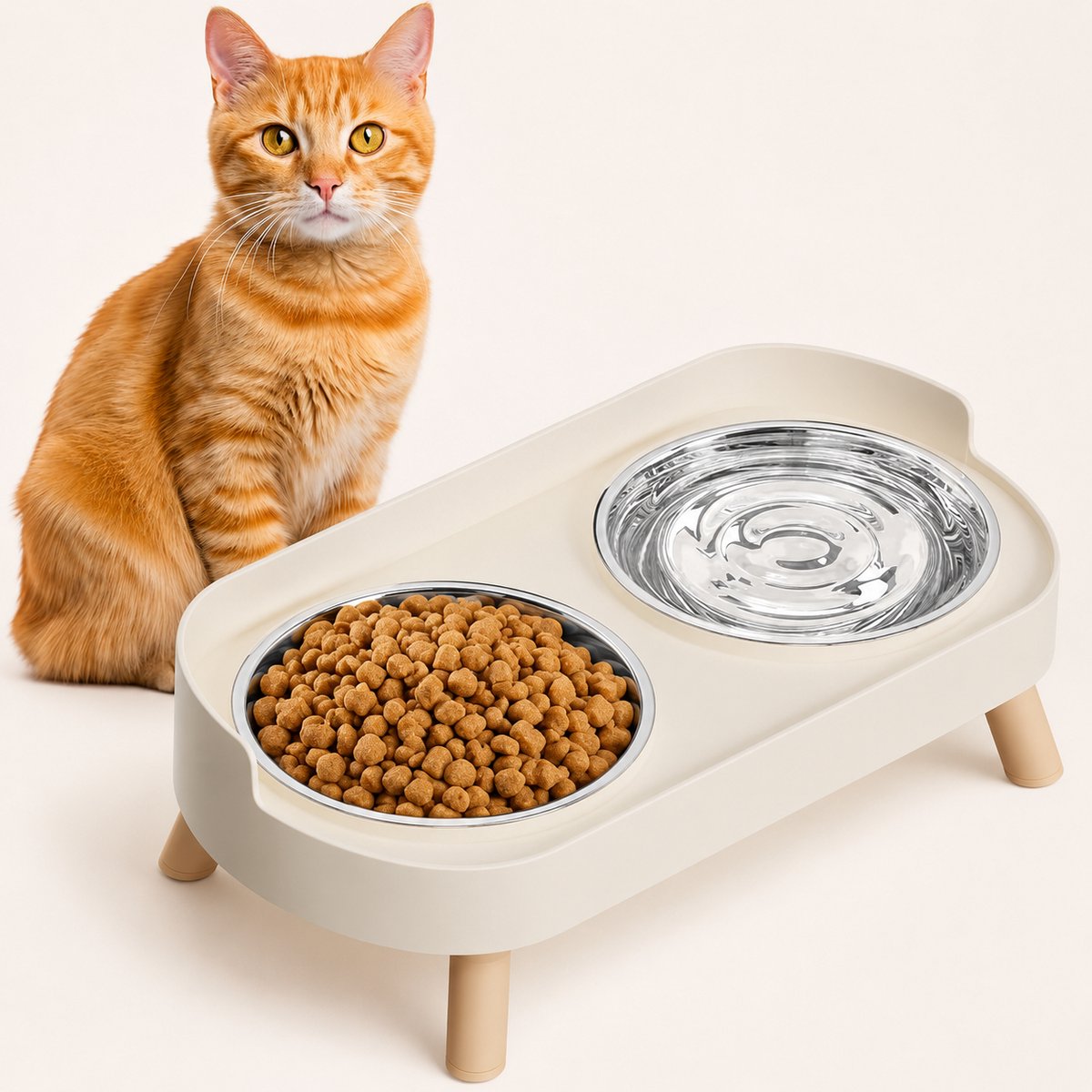 Voerbak - Voerbak voor Honden en Katten - Verhoogde Voerbak voor Huisdieren - Dubbele Roestvrijstalen Voerbakken met Standaard - Spatbestendige - Voor voer en Water – Geschikt voor Katten en Kleine Honden - Wit
