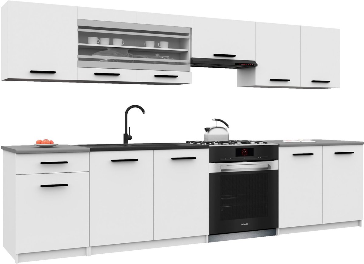 BELINI Keukenblok ITALIA 4 - Keukenmeubel Set 260 cm Wit Mat met Werkbladen - Boven- en Onderkasten