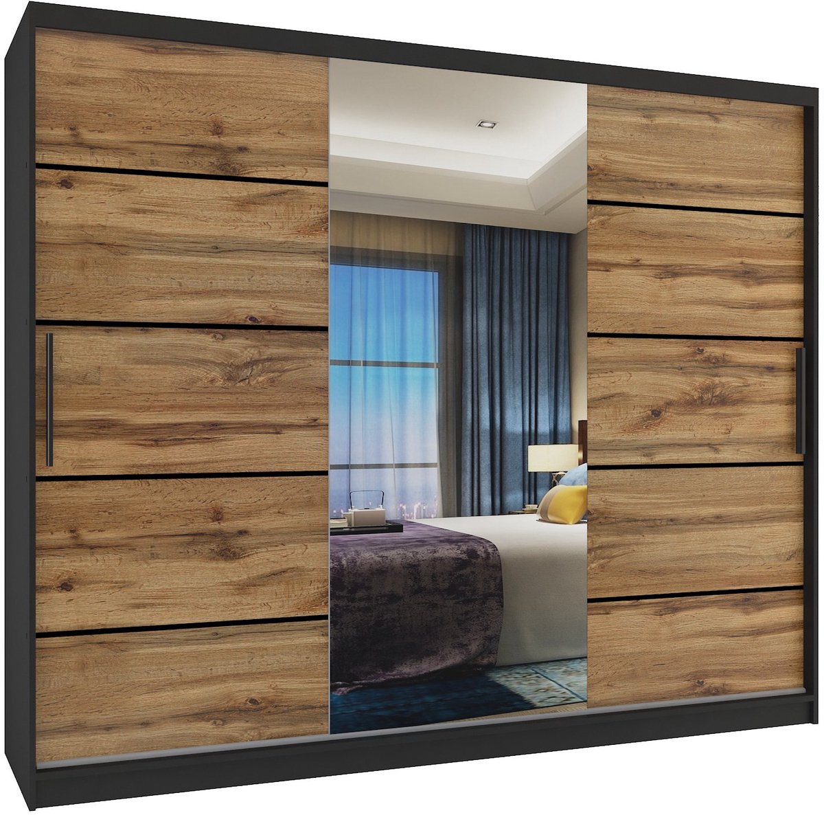 BELINI Verona MBP Schuifdeurkast 232 cm Zwart/Goudbruin Mat - Kledingkast met Spiegel - Comfort Line Slaapkamerkast