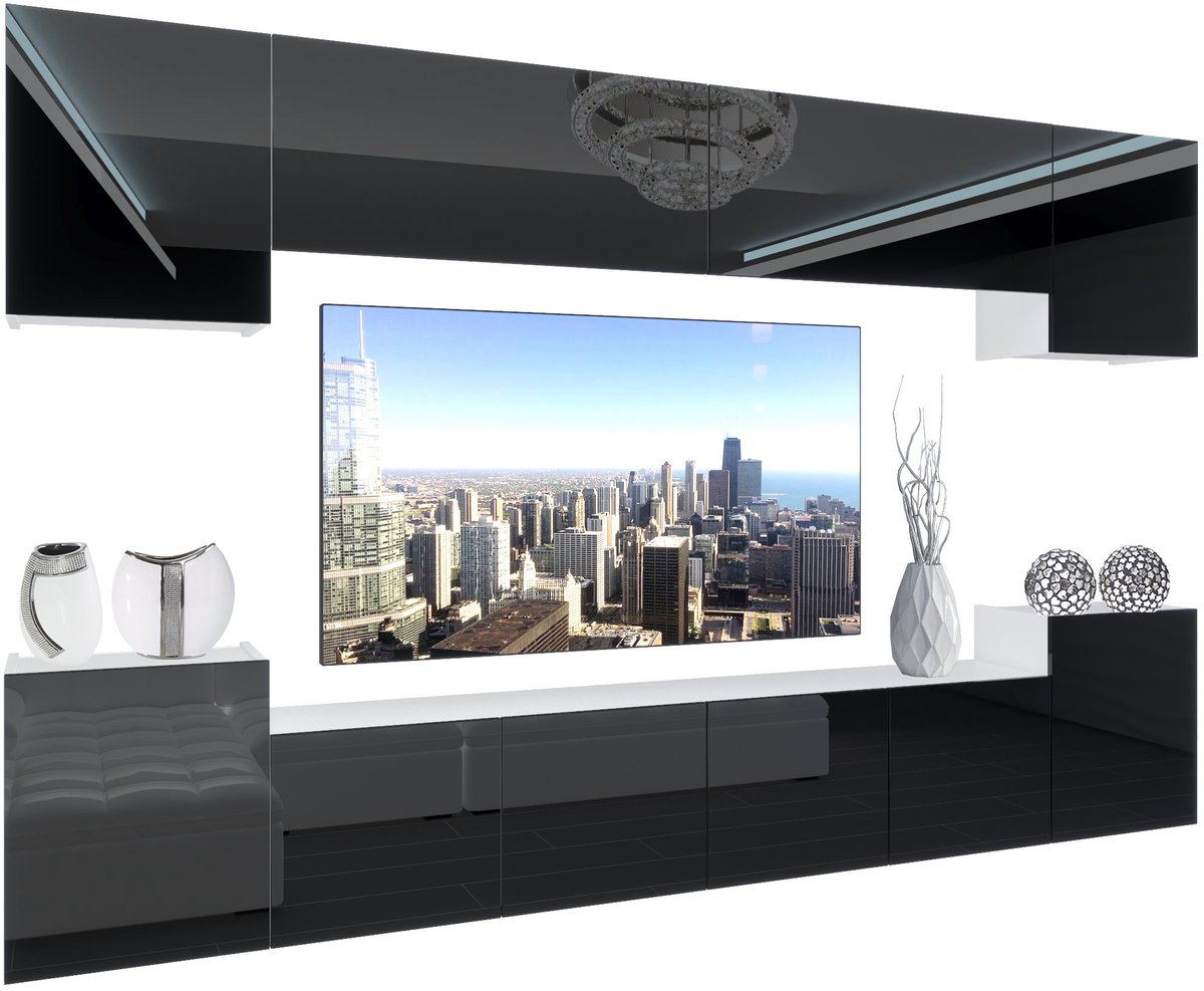 BELINI Wandmeubel NEX 4 - TV-Wandkast Set met LED-Verlichting Zwart - Hoogglans Fronten