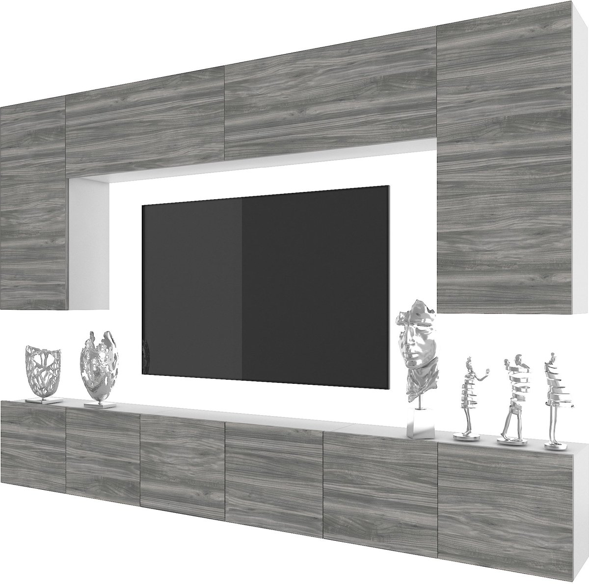BELINI Wandmeubel Milano 2 300 cm Grijs Mat - TV-Wand Greeploos - Moderne Woonwand met Gasliftsysteem - Modulair TV-Meubel