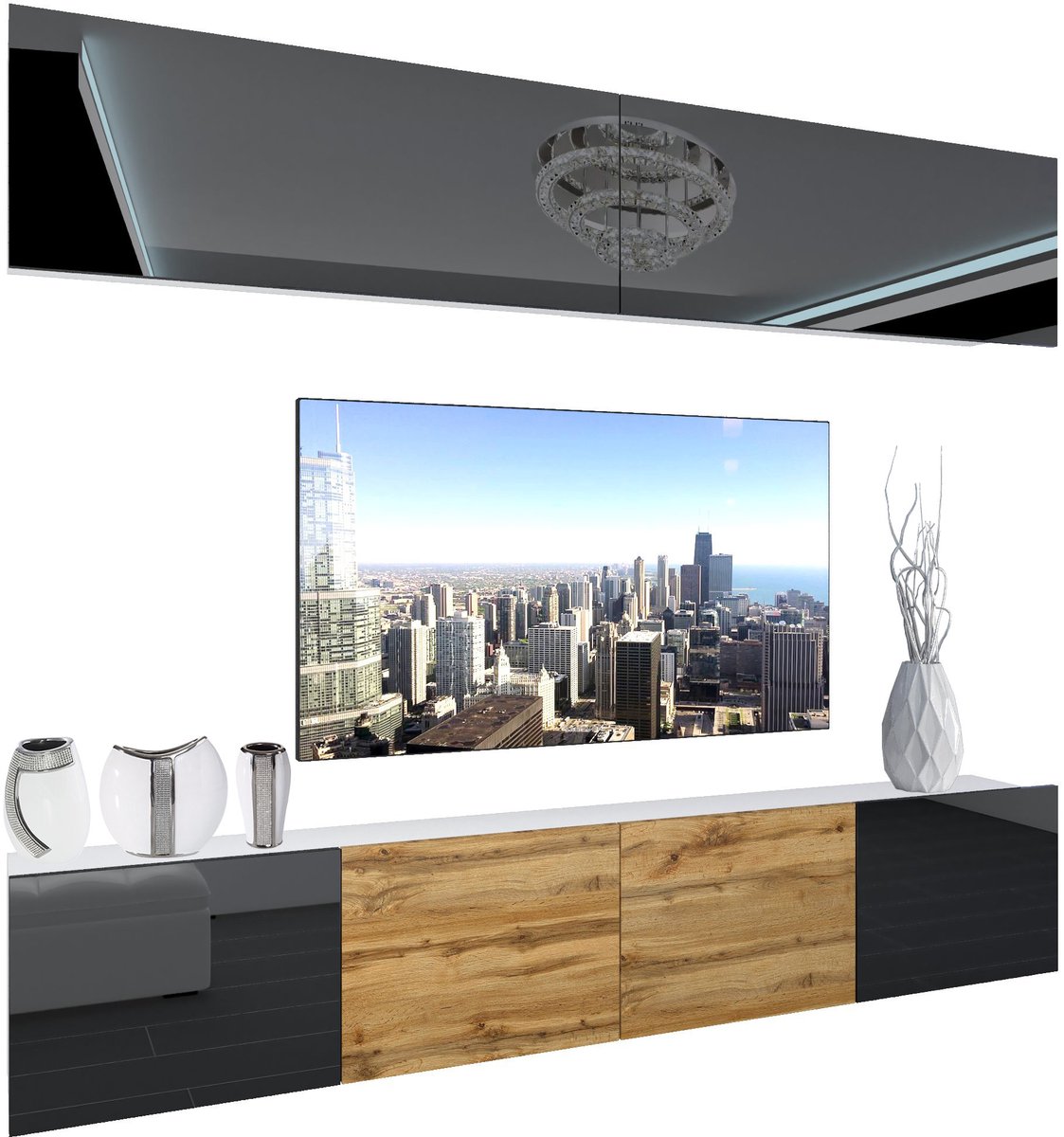 BELINI Wandmeubel NEX 6 - TV-Wandkast Set met LED-Verlichting Zwart / Wotan Eiken - Hoogglans Fronten