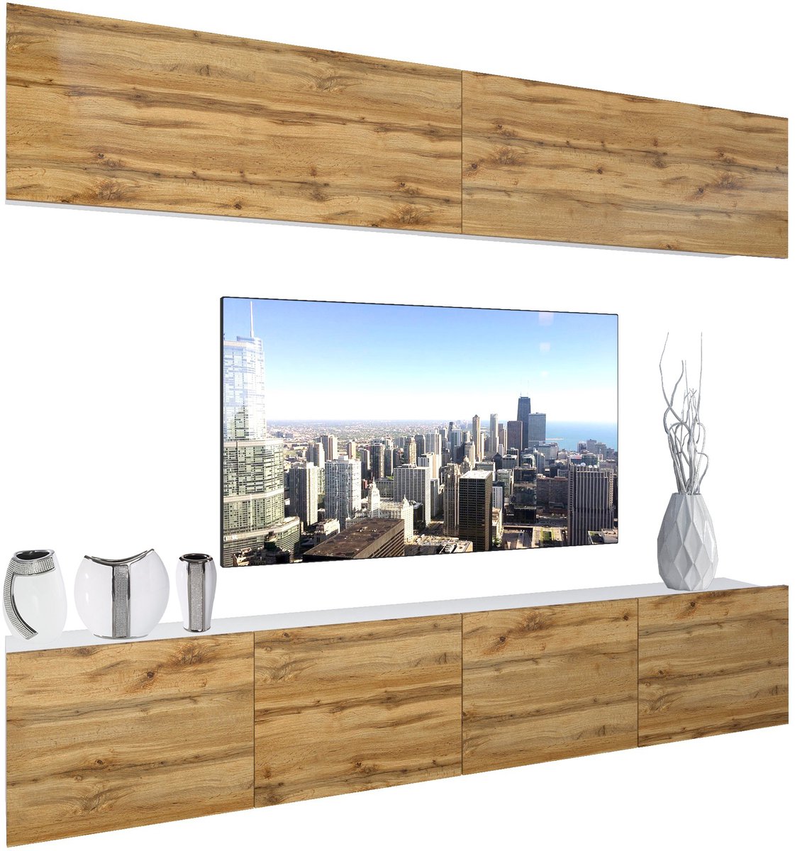 BELINI Wandmeubel NEX 6 - TV-Wandkast Set met LED-Verlichting Wotan Eiken - Hoogglans Fronten