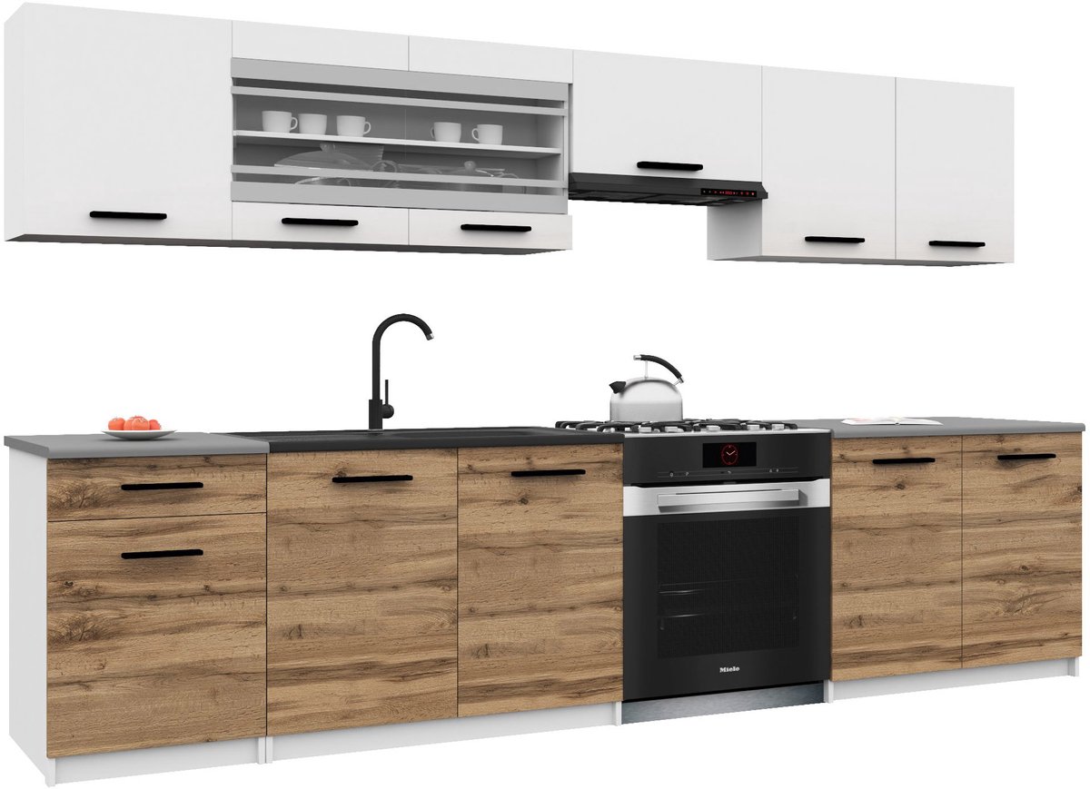 BELINI Keukenblok ITALIA 4 - Keukenmeubel Set 260 cm Wit-Goudbruin met Werkbladen - Boven- en Onderkasten