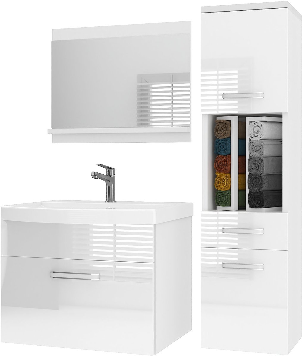 BELINI Badkamermeubel Set PRI M3 - Badmeubelset 90 cm Wit Mat met Wastafel en Spiegel - Wandmontage