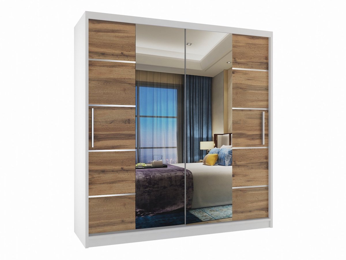 BELINI Verona ME Schuifdeurkast 158 cm Wit/Goudbruin Mat - Kledingkast met Spiegel - Comfort Line Slaapkamerkast
