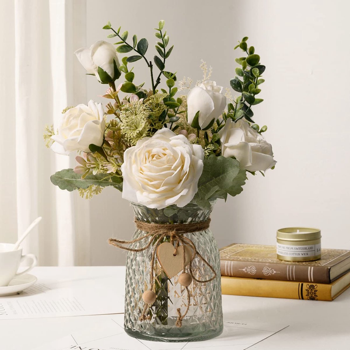 SnelShoppen - Kunstbloemen met Vaasje, Zijden Rozen, Nepbloemen Arrangement met Vaas, Geschikt voor Woonkamer en Eettafel Decoratie, Wit