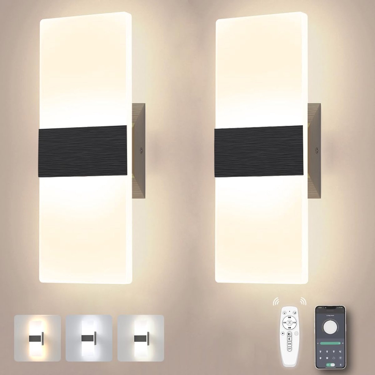 Sytmhoe Wall Light for Living Room, Bedroom, Black, Dimmable with App and Remote Control, Bedside Lamp, 2700-6500K - ShopVlot