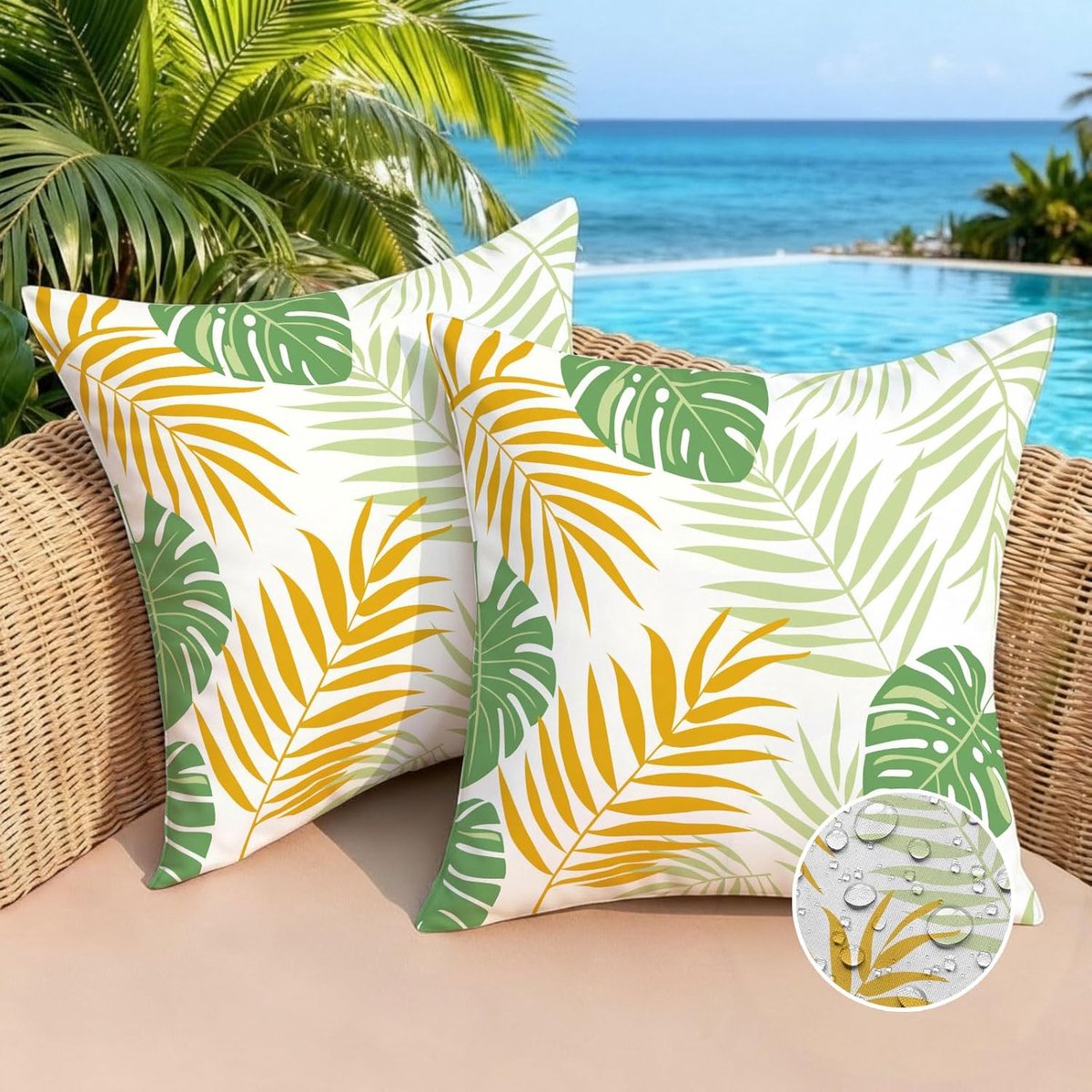 SnelShoppen - Set van 2 waterdichte kussenhoezen voor buiten 40 x 40 cm, bladvorm in felle kleuren, sierkussens voor tuin en woonkamer, kleurrijke ban
