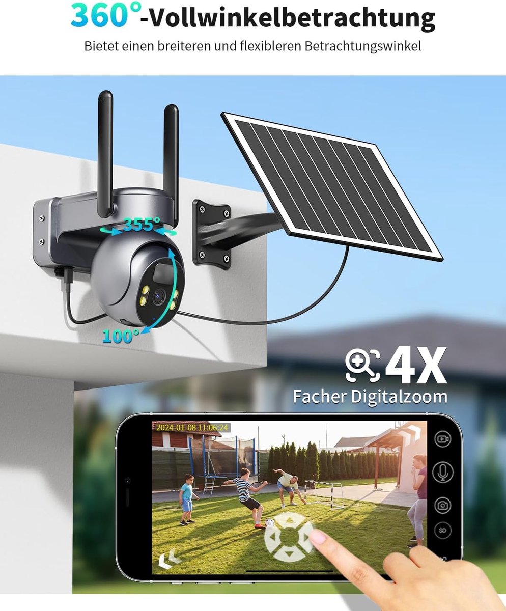 SnelShoppen - 4G LTE Bewakingscamera voor Buiten, Zonne-energie, Met Simkaart, Draadloze 2K HD PTZ Camera Outdoor, 355°/105° Draaibaar, Kleurennachtzi
