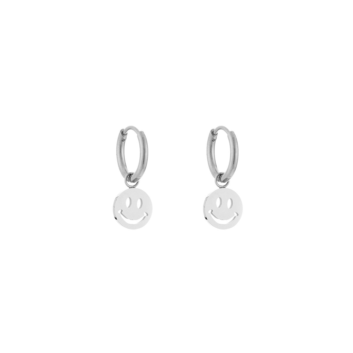 Stainless Steel Cutout Smiley Face Charm Hoops – Luxe Uitgesneden Smiley Oorringen – RVS - Zilver