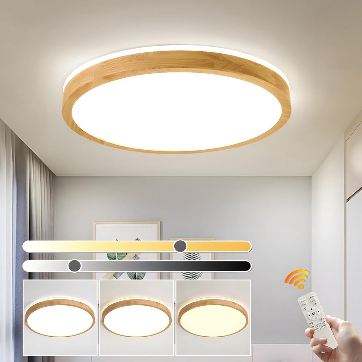 LED-plafondlamp Ø50cm - natuurlijke houtlook - dimbaar met afstandsbediening - perfect voor woonkamer, hal - SnelShoppen