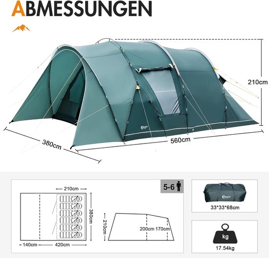 Tent voor 5-6 personen, tunneltent, waterdicht, 3000 mm, 6 personen, campingtent, 2 slaapcabines met stahoogte, voortent, grondzeil, XXL, grote familietent, groepstent voor camping, reizen van Outsunny — afbeelding 2