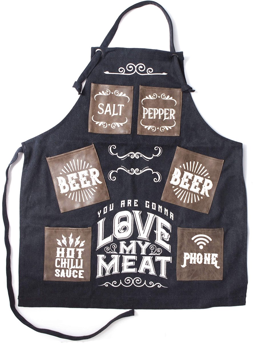 SnelShoppen - Heren BBQ Kookschort Love My Meat, Zwart, Heavy Duty Canvas, One Size UK, Perfect als Cadeau voor Verjaardag, Feest, Camping, Tuin, Keuk