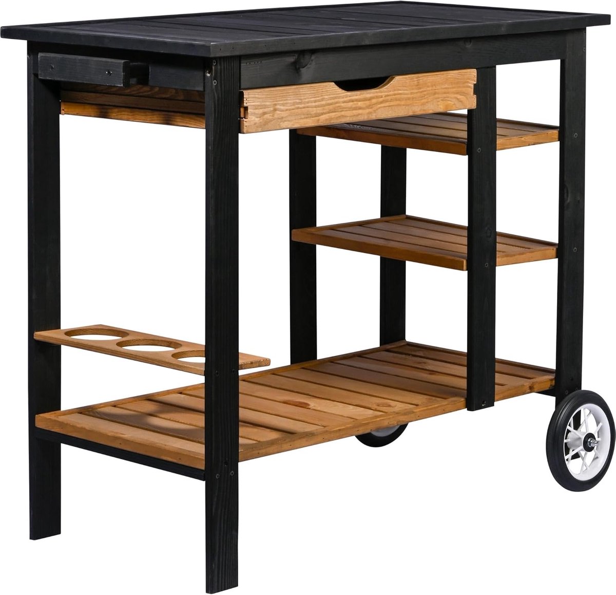SnelShoppen - BBQ-Trolley van Massief Hout - Oprolbare Serveerwagen voor Dranken en Grillaccessoires - Tuin/terras/balkon - 95 x 48 x 84 cm - Zwart/Br