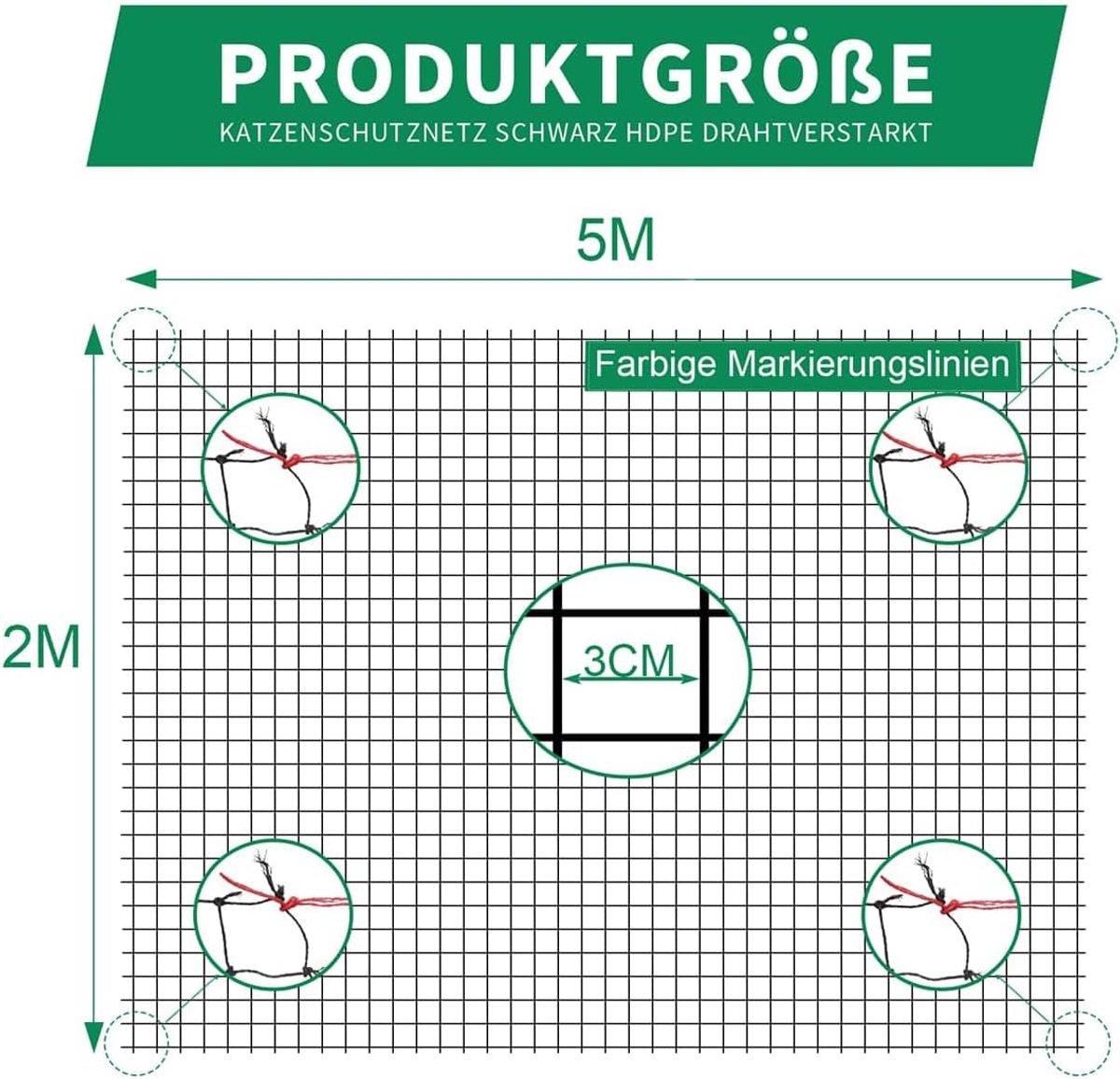 SnelShoppen - Kattennet voor Balkon 5 x 2 m, Robuust Draad Versterkt, Beet- en Scheurvast, UV- en Weerbestendig, Voor Balkons, Terrassen en Ramen (Zwa