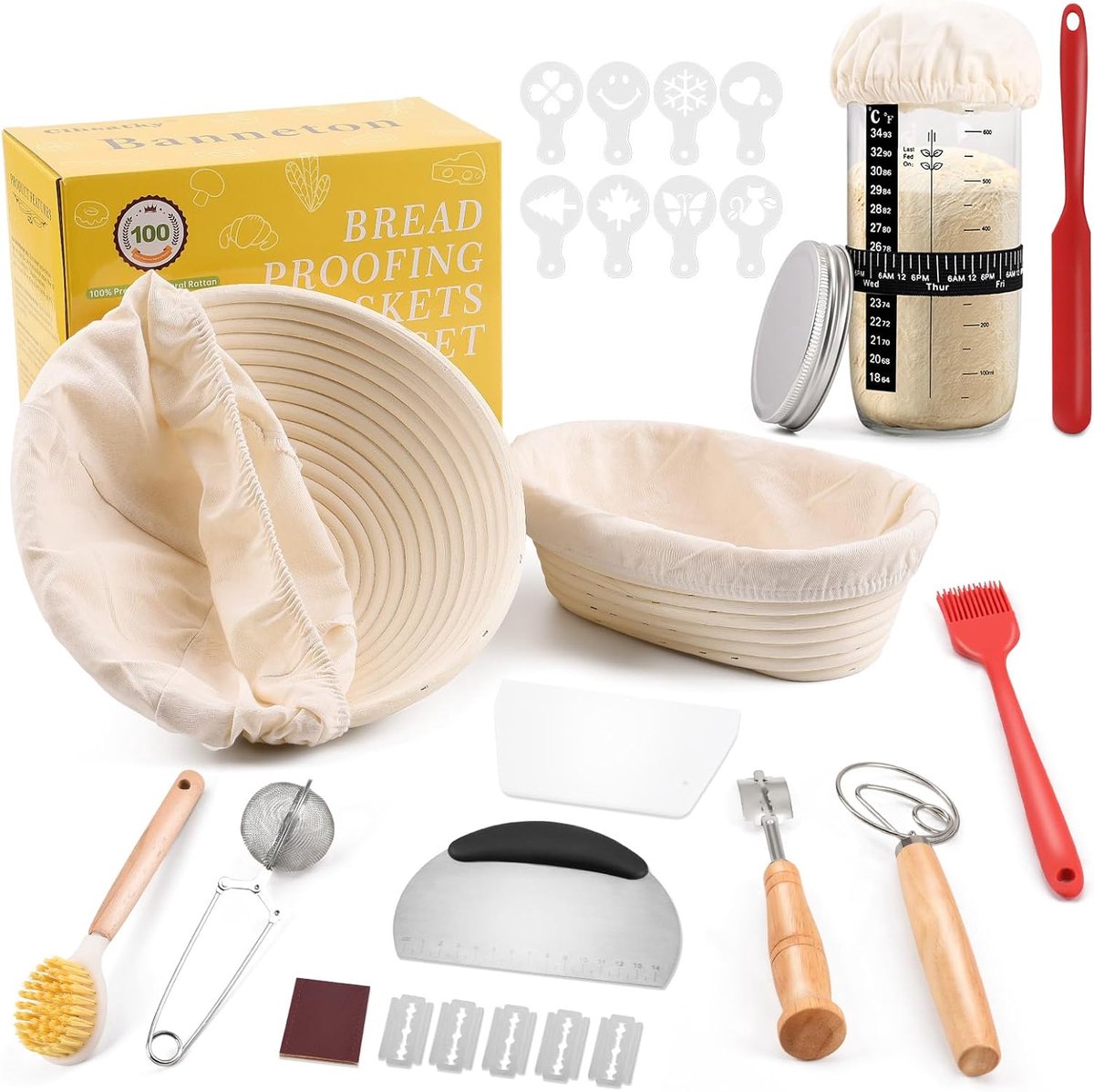 SnelShoppen - Sourdough Starter Set - Compleet Zuurdesem Starter Kit met Pot, 25 cm Ovale & 23 cm Ronde Banneton Rijsmand, 12-delige Broodbakaccessoir