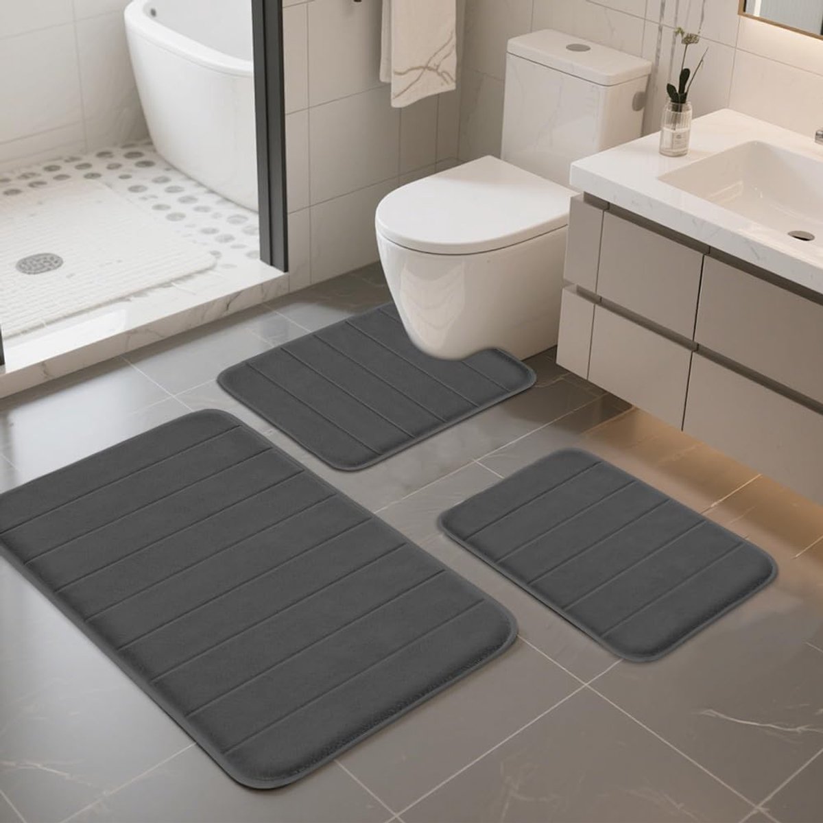 SnelShoppen - Badkamerteppich set 3-delig, antislip badmat met memory foam, U-vormige wc-mat, absorberend en sneldrogend, zachte badmatset voor douche