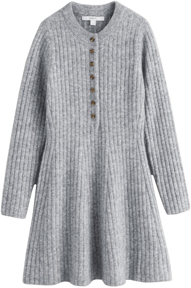 Next - Dames - Ribgebreide Henley-mini-jurk - Grijs