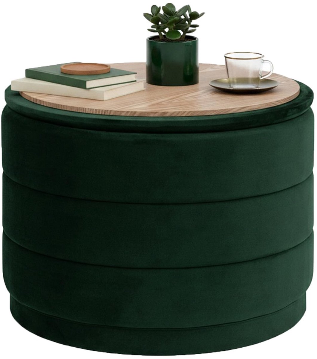 SnelShoppen - Ronde voetenbank met deksel, inklapbare voetensteun met tafel, flessengroen fluweel, 58 x 58 x 44 cm, multifunctionele voetenbank voor w