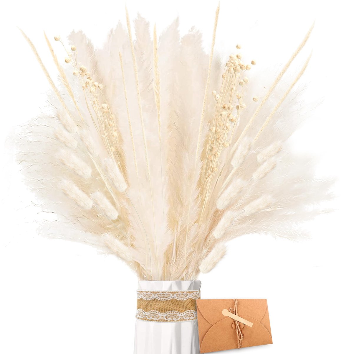 SnelShoppen - Gedroogd Pampasgras Set - Natuurlijke Bloemen, Witte Pluizige Bladeren, Lagurus en Rietbloem Boeket voor Home Decor, Geschenken en Feest