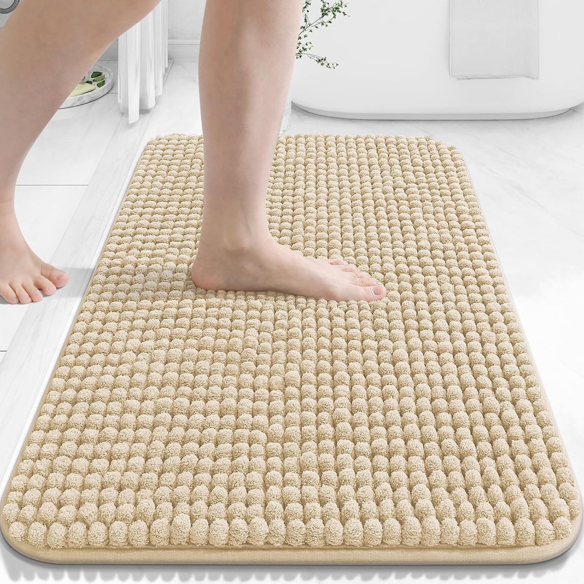 SnelShoppen - Extra dik zacht badkamertapijt, chenille badmat, antislip, wasbaar, absorberende douchemat 41 x 61 cm, beige voor badkamer, douche, toil