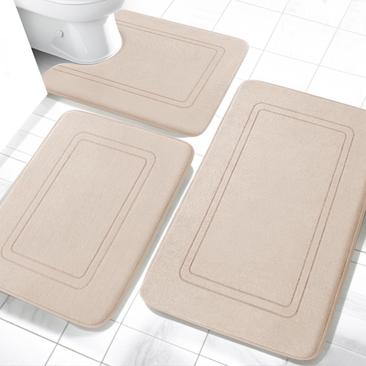 SnelShoppen - Badkamertapijt 3-delig, Zachte Badmat van Traagschuim, U-vormige WC-mat, Antislip, Wasbaar, Beige, Luxe Badkameraccessoires