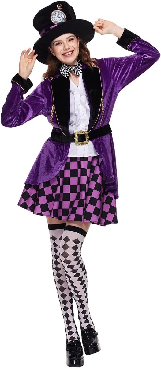 Volwassenen Halloween Fancy 6-delige Set met Paarse Schaduwhoed en Accessoires voor Mad Tea Party