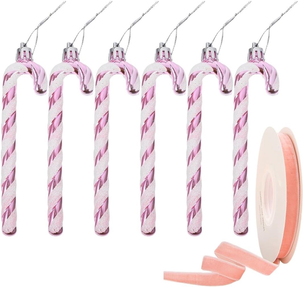 Kerstdecoratie: 6 Suikerstok-hangers met Lint, Hangende Ornamenten voor Kerstboom en Woondecoratie, Feestelijke Versiering