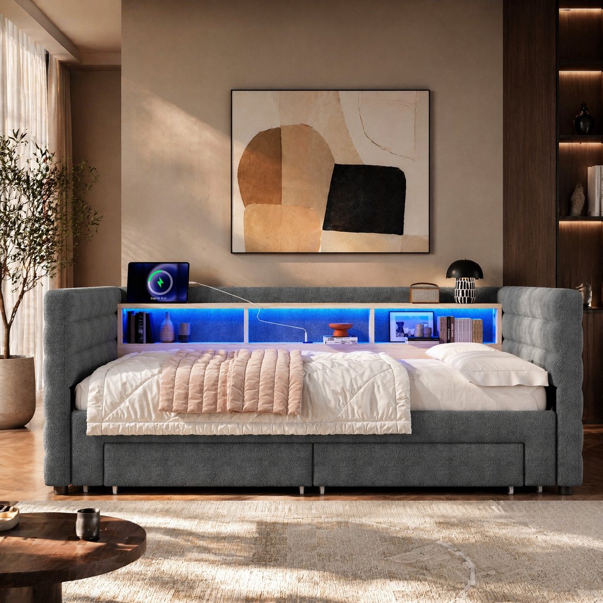 COVREO Bed 90x190 cm grijs met USB, lades en LED, zonder matras