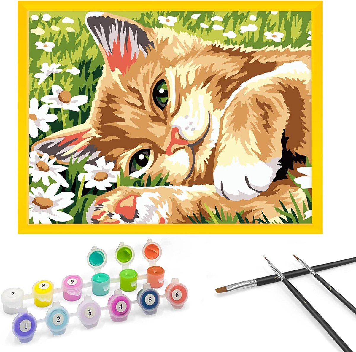 SnelShoppen - Schilderen op Nummer voor Kinderen 9-11 Jaar, Kittens in Bloemen, Inclusief Lijst, 3 Penselen en Acrylverf, 18x24 cm, Creatieve Activite