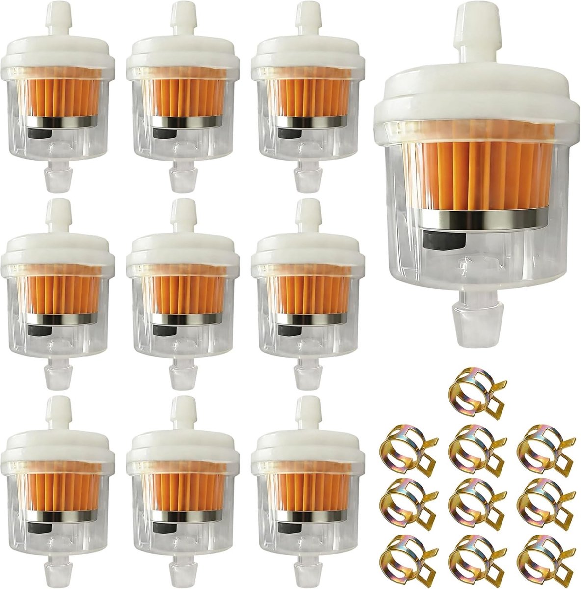 Set van 10 Brandstoffilters met Magneet en 10 Slangklemmen (8,5 mm) - Universele Doorzichtige Inline Brandstoffilter voor Grasmaaier, Motorfiets, Tractor, Scooter en Generator