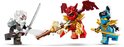 Drie NINJAGO actiefiguren: Zilvar, Grimtak en een blauwe ninja met gouden details, klaar voor gevecht.
