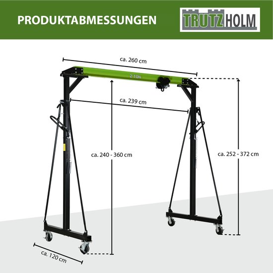Gedetailleerde afmetingen van de groene 2 tons portaalkraan. Lengte ca. 260 cm, breedte ca. 120 cm, hoogte verstelbaar van 240-360 cm.