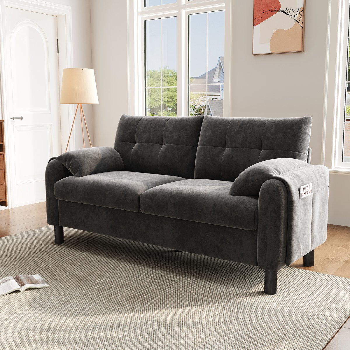 DESMIU Bank 158 x 80 x 88,5 cm - Compacte 2-Zits Met Zijvakken En Dikke Kussens - Voor Woonkamer En Slaapkamer - Chenille - Grijs
