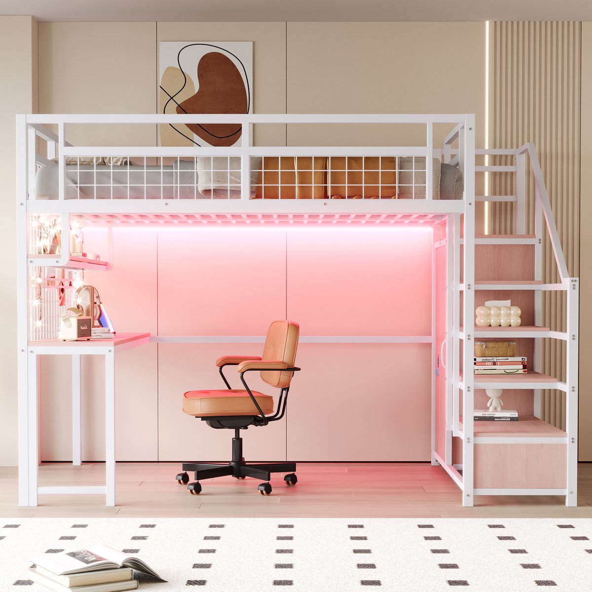MEUNIQ Hoogslaper 140 x 200 cm met bureau, opbergtrede, open vakken, lamp en stopcontact, metalen bedframe voor slaapkamer of studeerhoek, wit