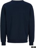 Donkerblauwe sweater, de achterkant van de trui, met ronde hals en geribde boorden.