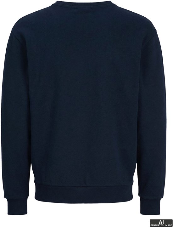 Donkerblauwe sweater, de achterkant van de trui, met ronde hals en geribde boorden.