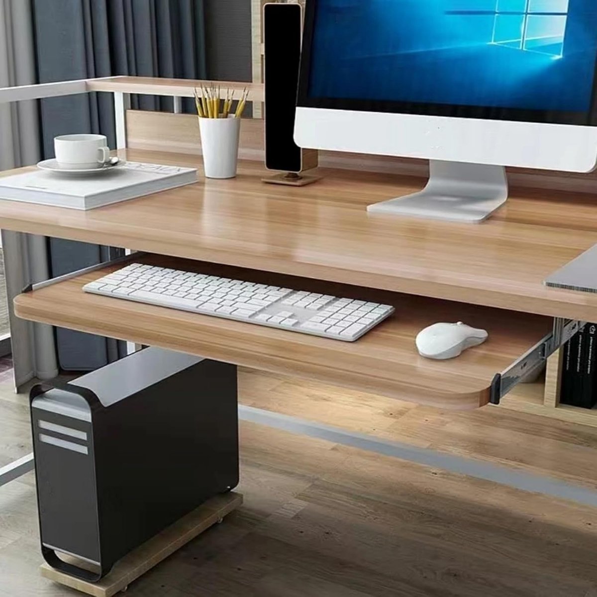 Toetsenbord Lade - Bureau Plank - Werkplek Organiseren - Afgeronde Hoek - 60cm - Licht Walnoot